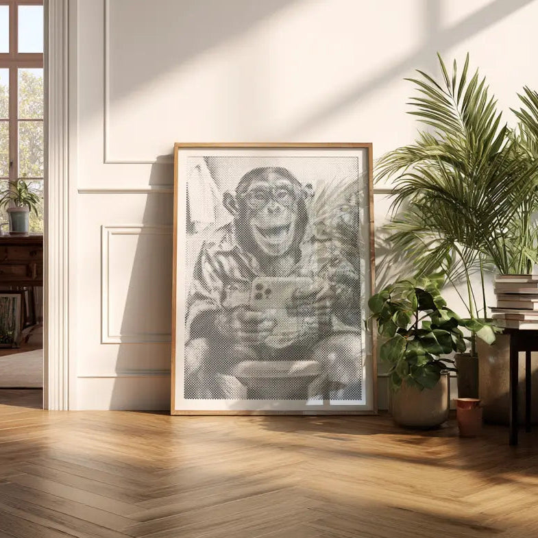 Lachende Aap met Selfie | Stippel Schilderen Pakket als afgewerkt stippelschilderij kunstwerk