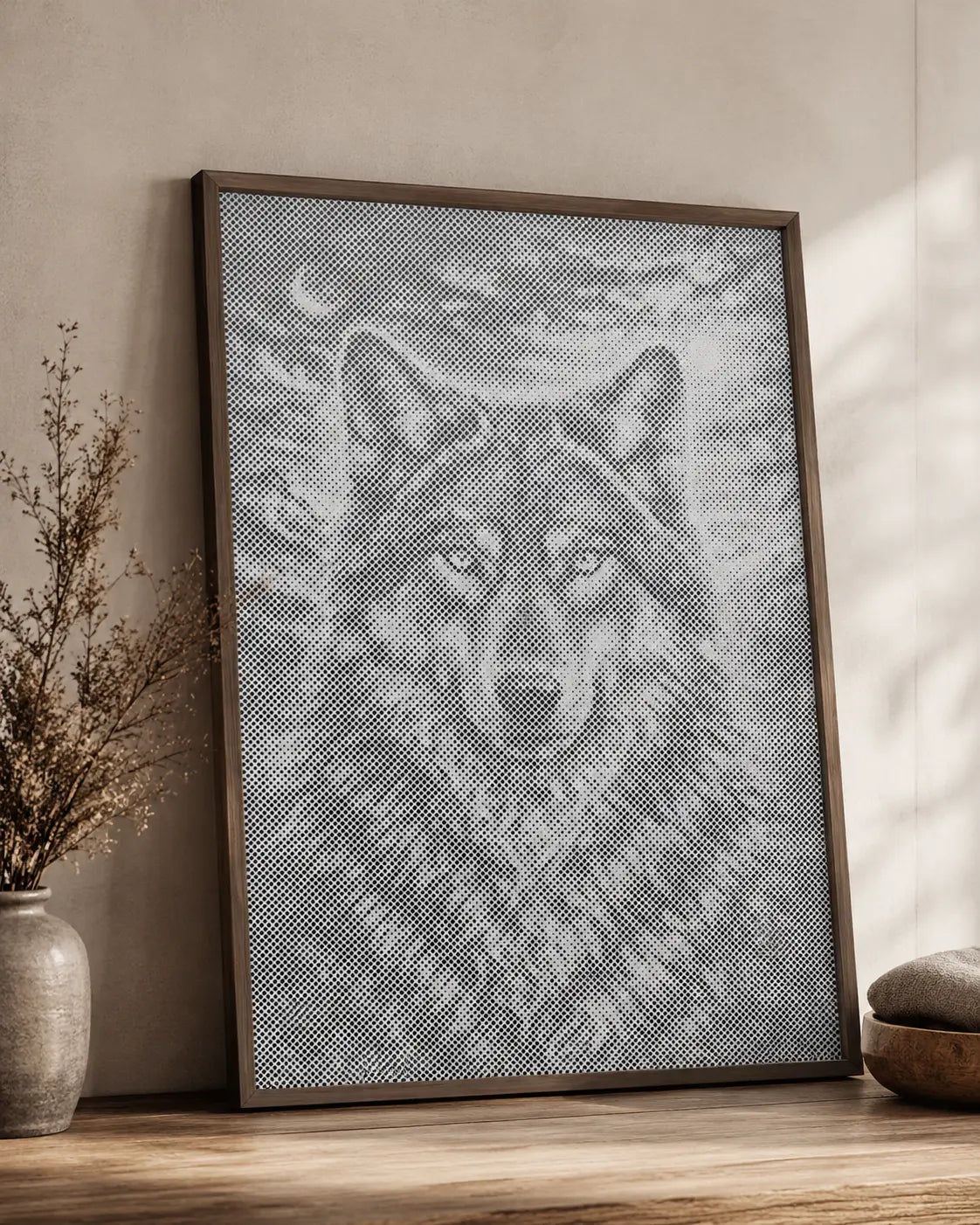 Wolf bij maanlicht | Stippen Schilderset als afgewerkt stippelschilderij kunstwerk
