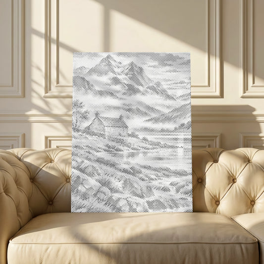 Mountain Haven dot painting kit with cottage, mountain lake and dramatic mountain landscape