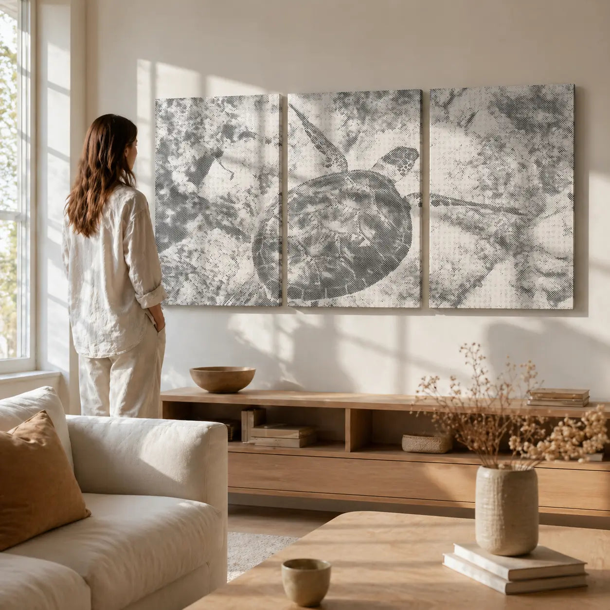 woman looking at multi-panel-dot-painting-sets 