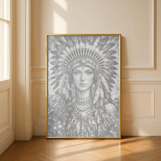 Framed artwork of a person wearing a headdress in a room with wooden flooring and paneling. Native American Woman Portrait | Dot Painting Kit