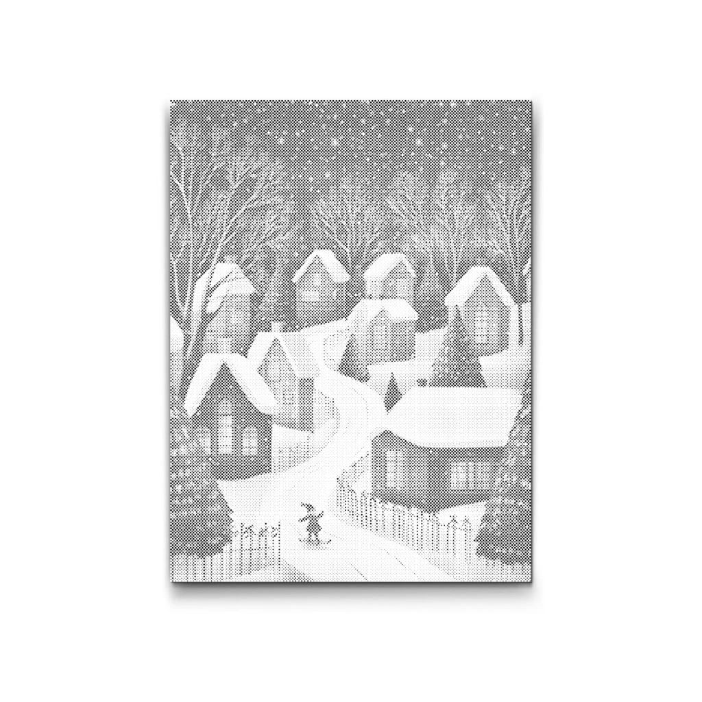 punktmalerei winterdorf mit skifahrer vorlage