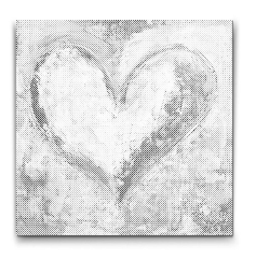 Abstraktes Herz als schwarz weisses Dot Painting mit feiner Punktstruktur, moderne minimalistische Wandkunst im skandinavischen Stil