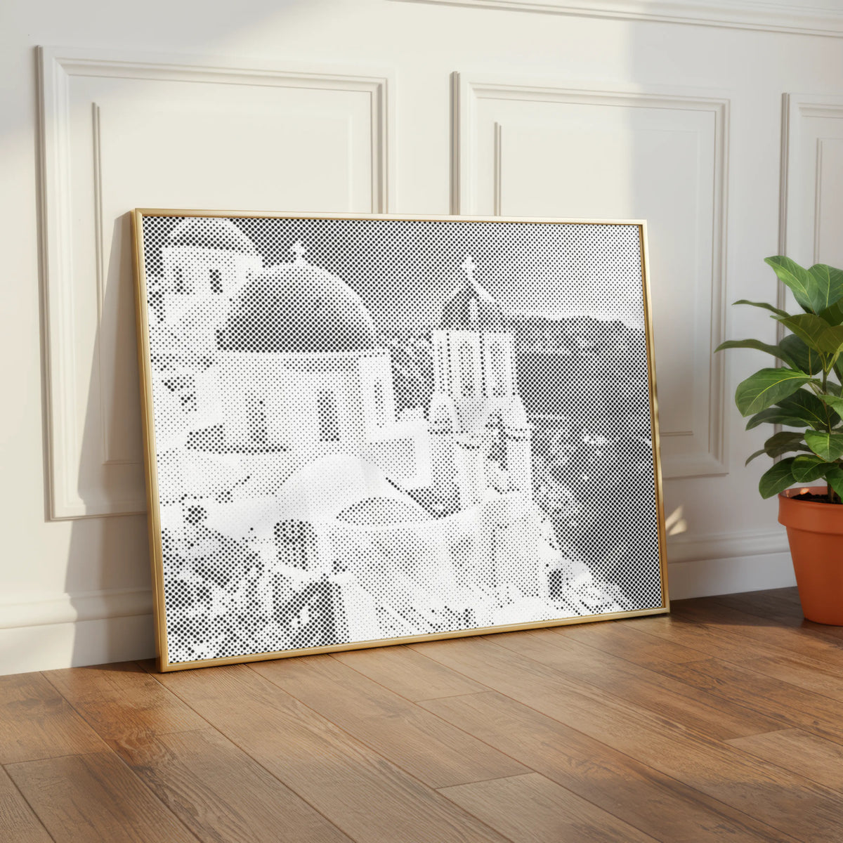 Santorini Domes aan Zee | Stippelschilderij Kit als afgewerkt stippelschilderij kunstwerk
