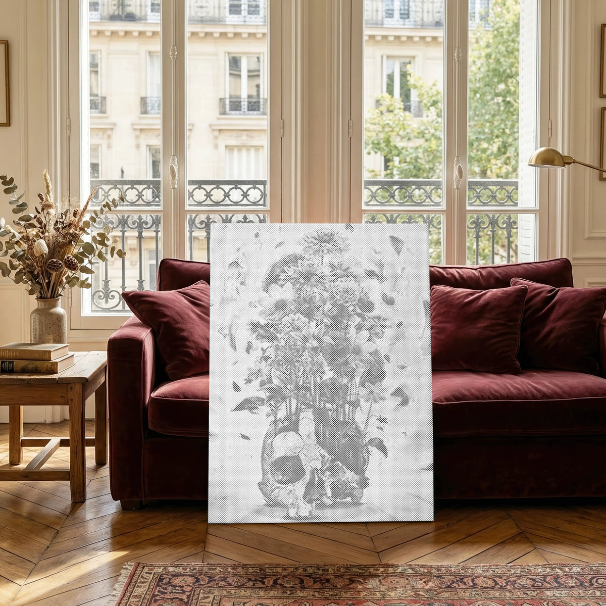 Schedelvaas Bloemen Stilleven | Stippelschilderij Kit als afgewerkt stippelschilderij kunstwerk