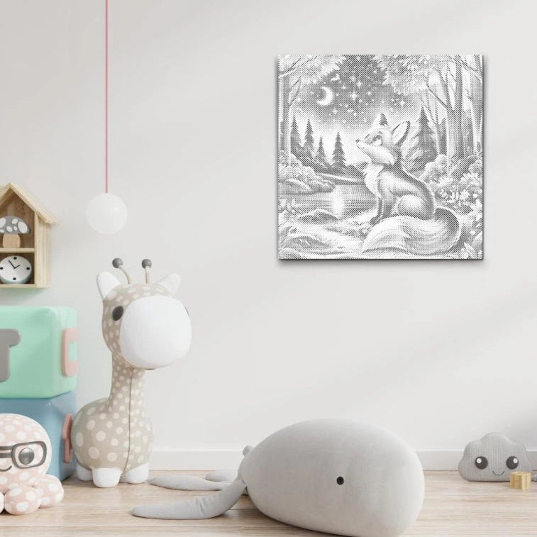 Dot Painting Sternennacht im Wald – Baby-Fuchs schaut in den Sternenhimmel, Punktmalerei für Kinder