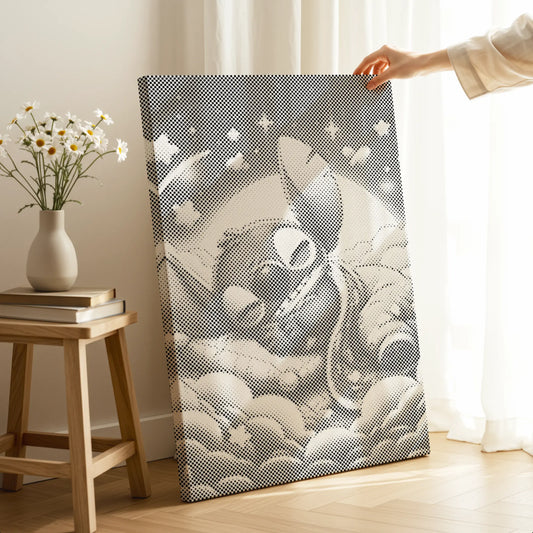 Person holding a Stitch Sleeping on Clouds | Dot Painting Kit in a room with a wooden stool and vase.