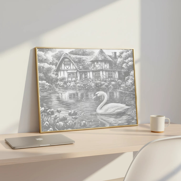 Zwaan aan het meer – stippelschilderij