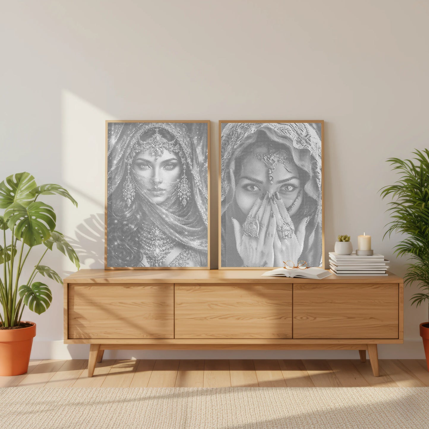 Two framed artworks on a wooden console table with plants on either side. premium dot painting made in europe
