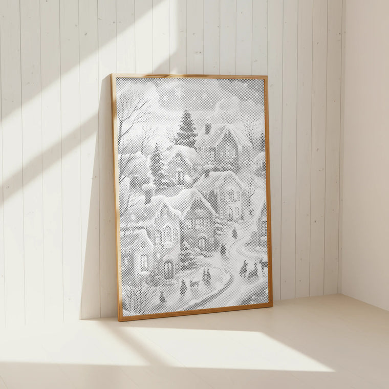 Winterdorp in de sneeuw – stippelschilderij