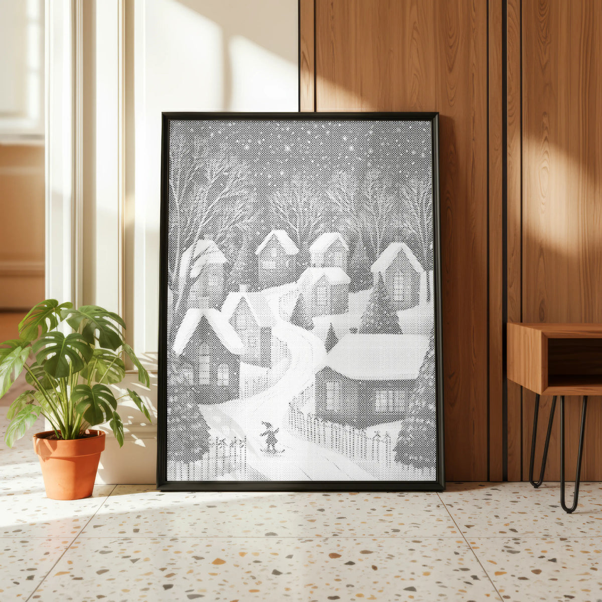 Winterlandschap met Skiër | Stippelschilderij Kit als afgewerkt stippelschilderij kunstwerk