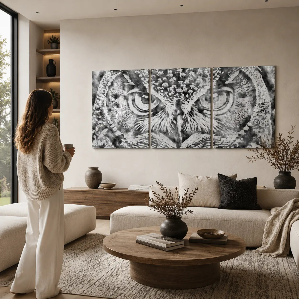 Wijsheid van de Uil Drieluik | Stippenschilderijpakket als afgewerkt stippelschilderij kunstwerk