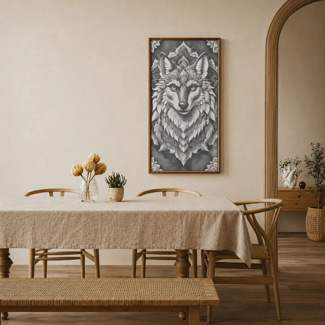 Dining room with a table, chairs, and a wolf painting on the wall. Wolf Mandala | Dot Painting Kit