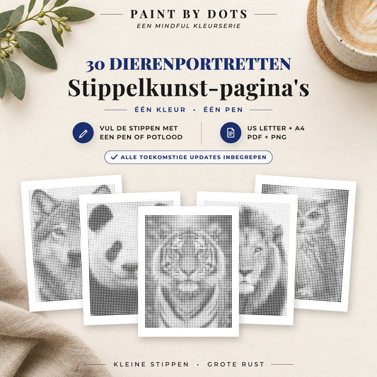 Omslag van het Dierenportretten stippelschilderij boek met 30 printbare dierenontwerpen