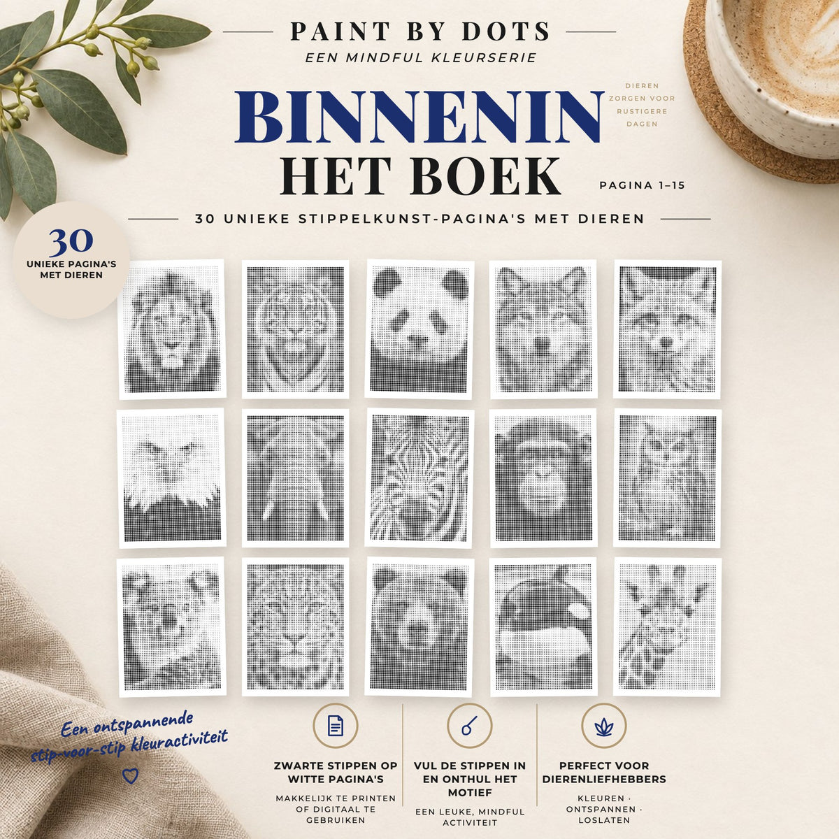 Voorbeelden van printbare Dierenportretten stippelschilderijen, pagina's 1 tot 15