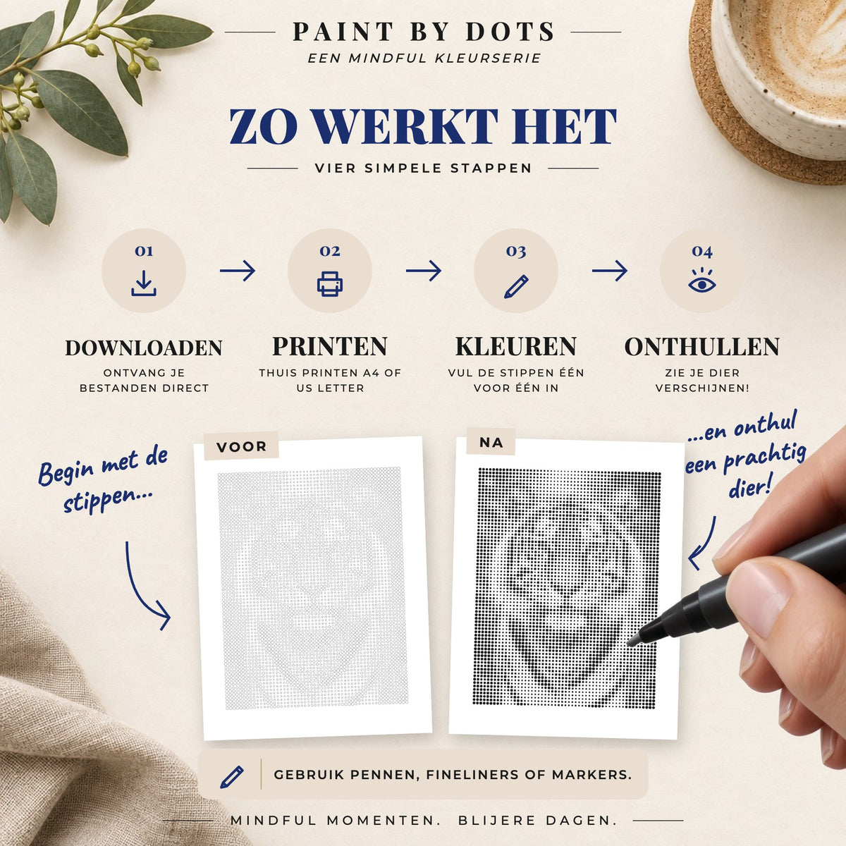 Zo download, print en kleur je de cirkels in het Dierenportretten stippelschilderij boek