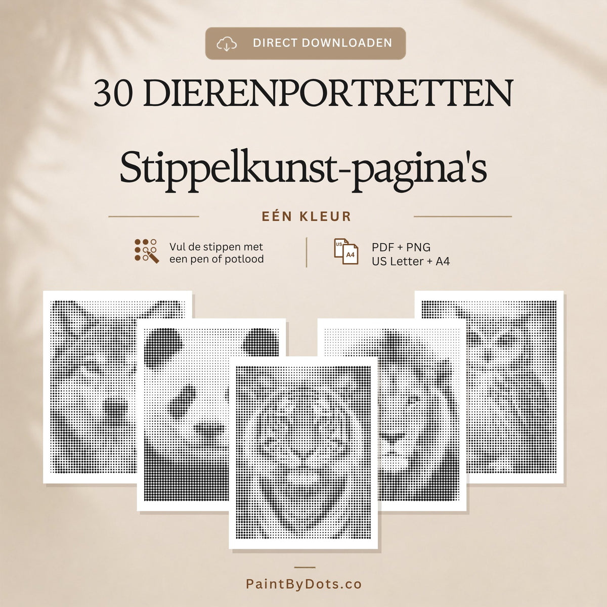 Dierenportretten digitale download met 30 printbare stippelschilderij pagina's (dot painting)