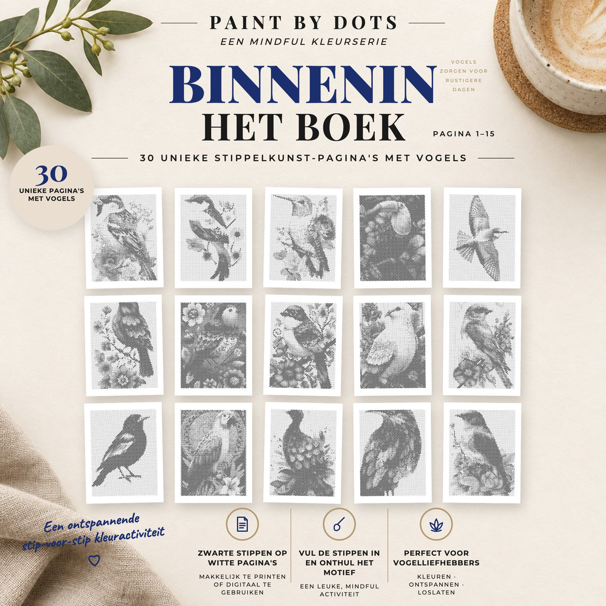 Voorbeelden van printbare Vogelportretten stippelschilderijen, pagina's 1 tot 15