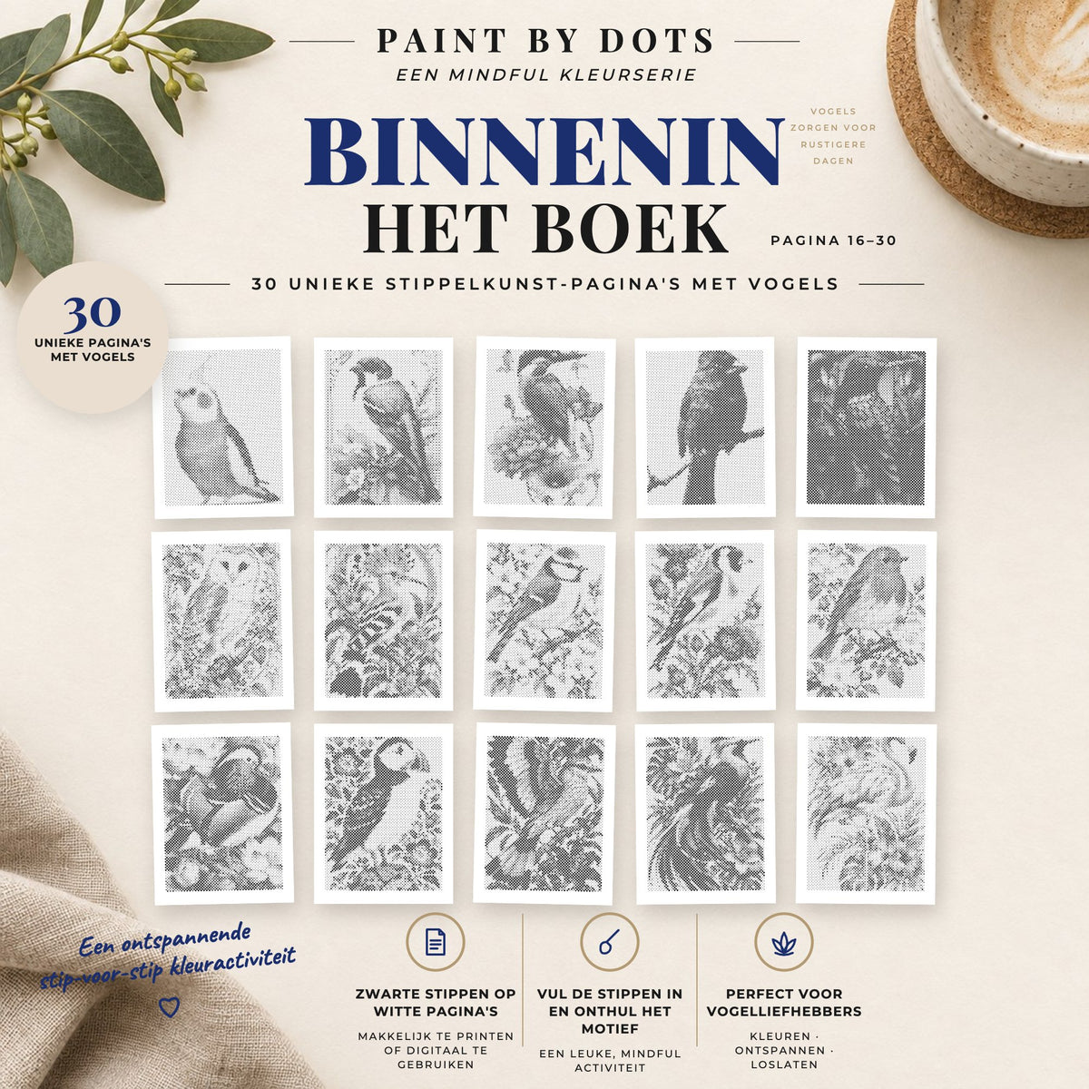 Voorbeelden van printbare Vogelportretten stippelschilderijen, pagina's 16 tot 30