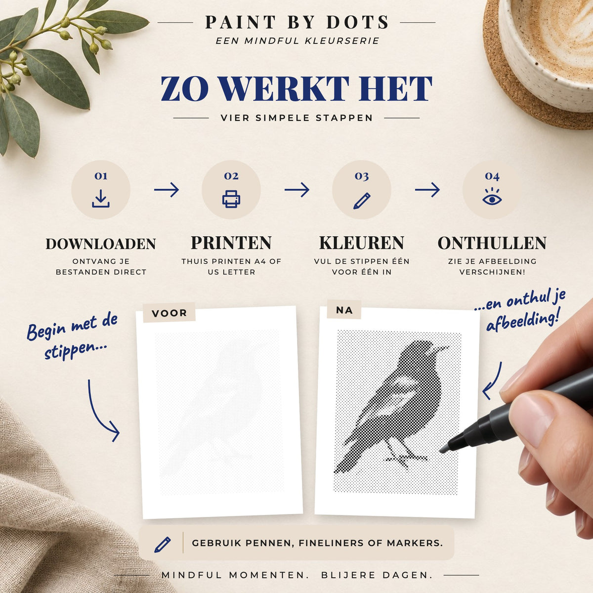 Zo download, print en kleur je de cirkels in het Vogelportretten stippelschilderij boek