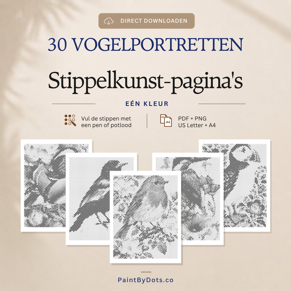 Vogelportretten digitale download met 30 printbare stippelschilderij pagina's (dot painting)