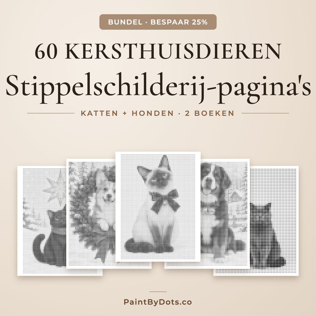 Kersthuisdieren stippelschilderij bundel met 60 printbare pagina's uit 2 boeken