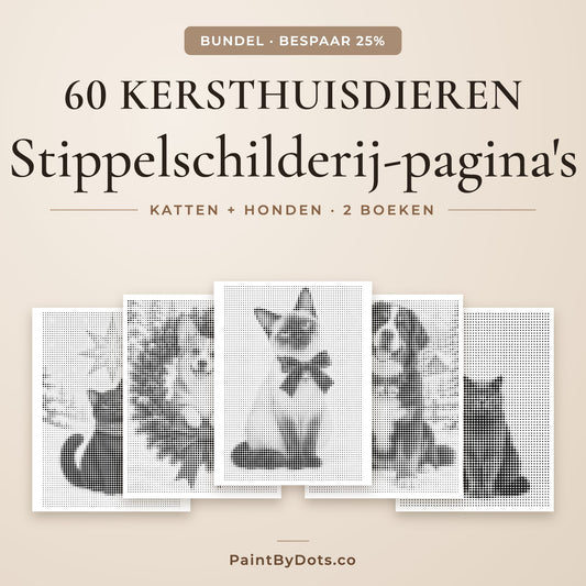 Kersthuisdieren stippelschilderij bundel met 60 printbare pagina's uit 2 boeken
