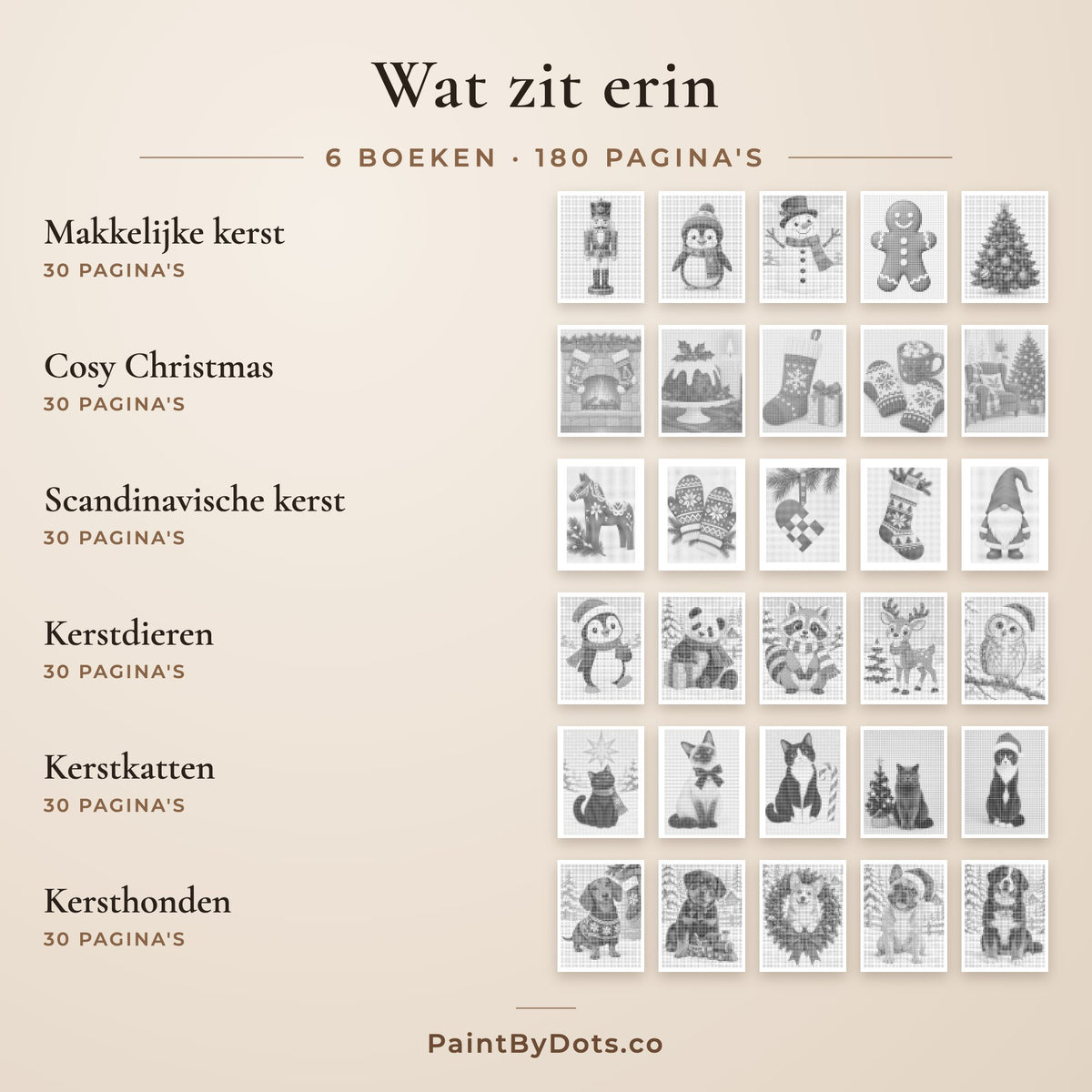Wat zit er in de Complete kerstcollectie stippelschilderij bundel: Makkelijke kerst, Cosy Christmas, Scandinavische kerst, Kerstdieren, Kerstkatten en Kersthonden
