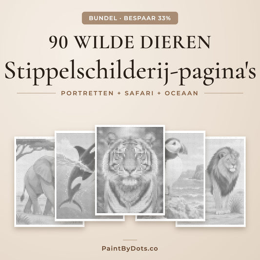 Wilde dieren stippelschilderij bundel met 90 printbare pagina's uit 3 boeken