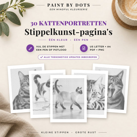 Omslag van het Kattenportretten stippelschilderij boek met 30 printbare kattenontwerpen