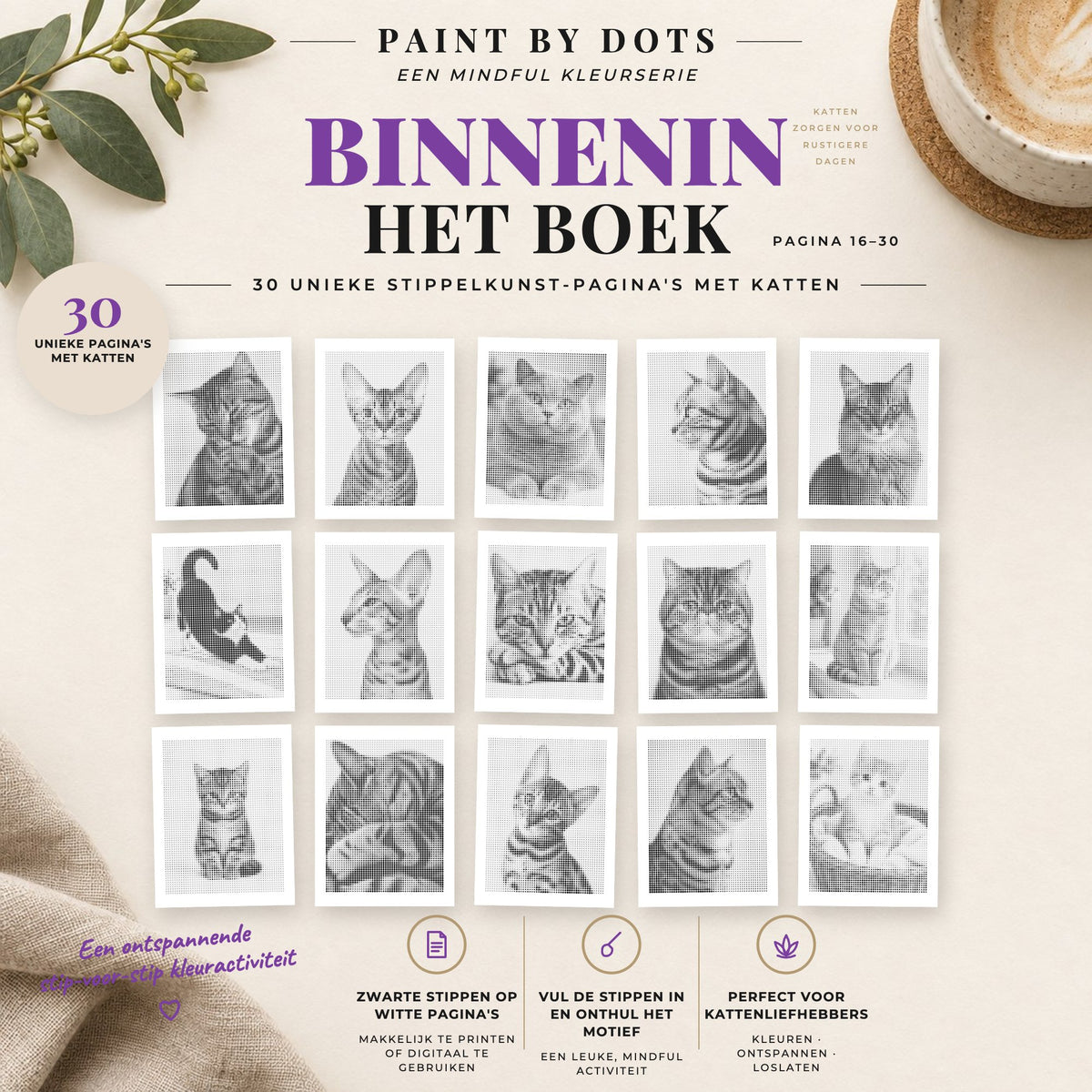 Voorbeelden van printbare Kattenportretten stippelschilderijen, pagina's 16 tot 30