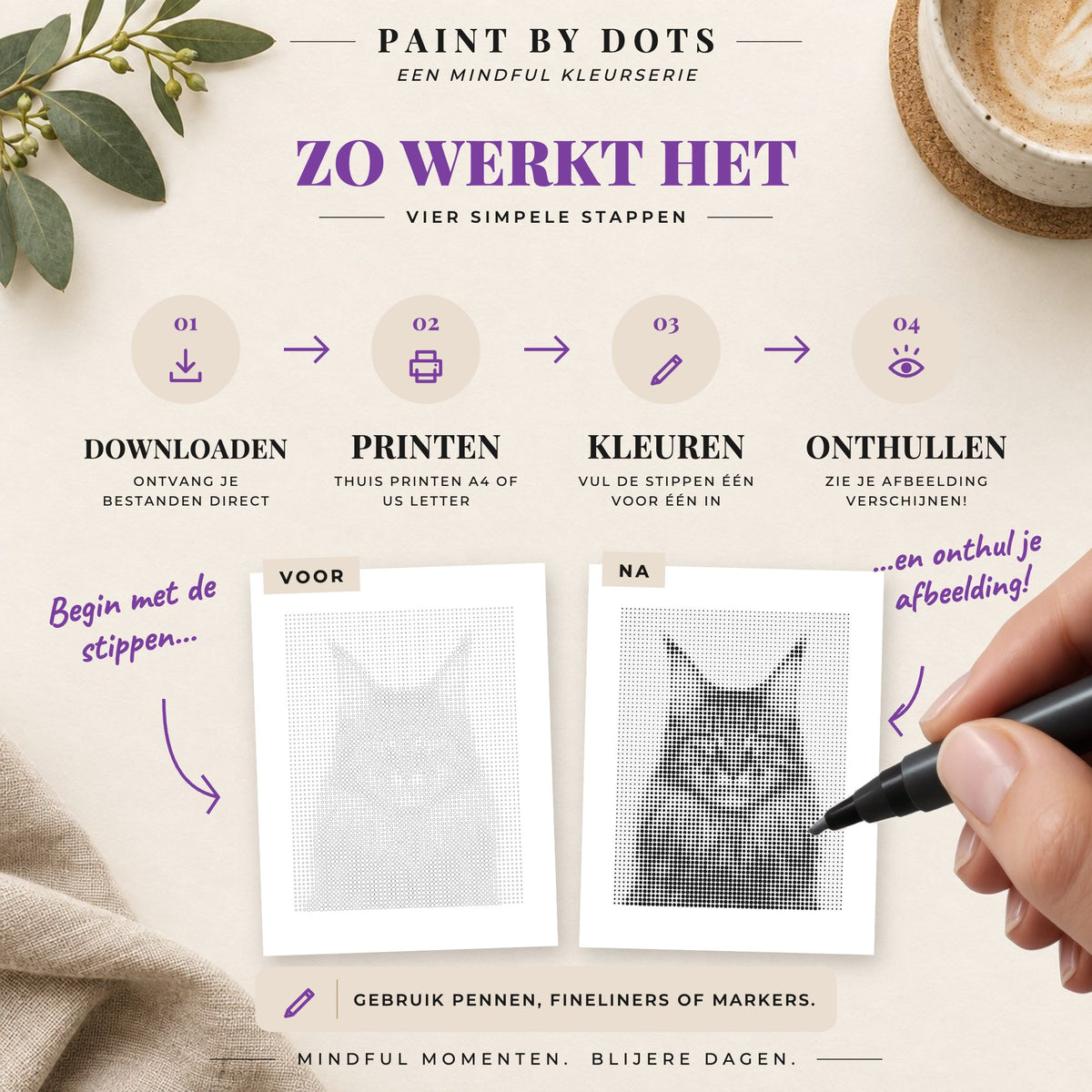 Zo download, print en kleur je de cirkels in het Kattenportretten stippelschilderij boek