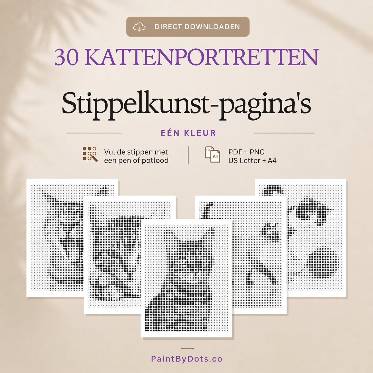 Kattenportretten digitale download met 30 printbare stippelschilderij pagina's (dot painting)