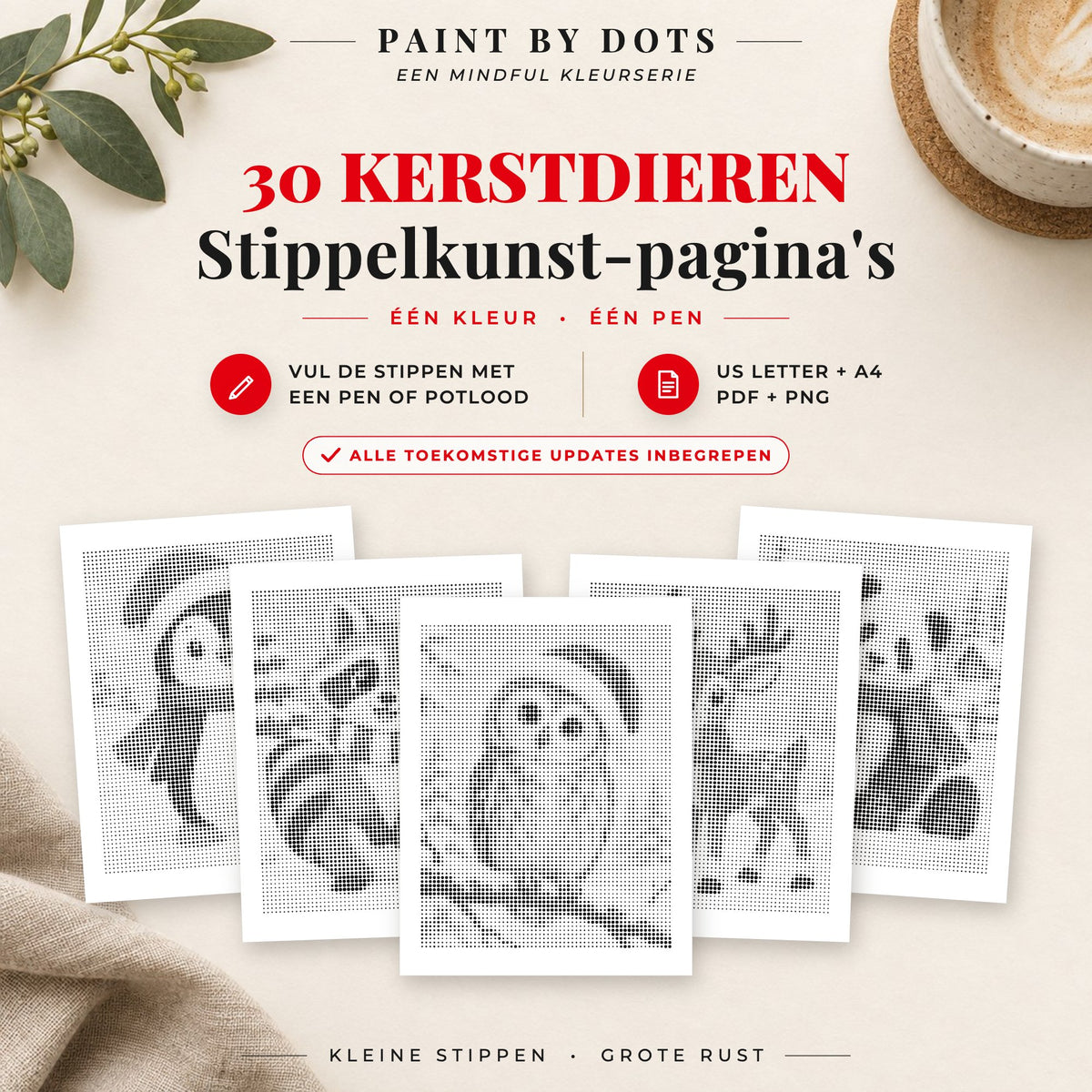 Omslag van het Kerstdieren stippelschilderij boek met 30 printbare dierenontwerpen voor kerst