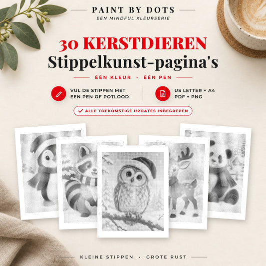 Omslag van het Kerstdieren stippelschilderij boek met 30 printbare dierenontwerpen voor kerst