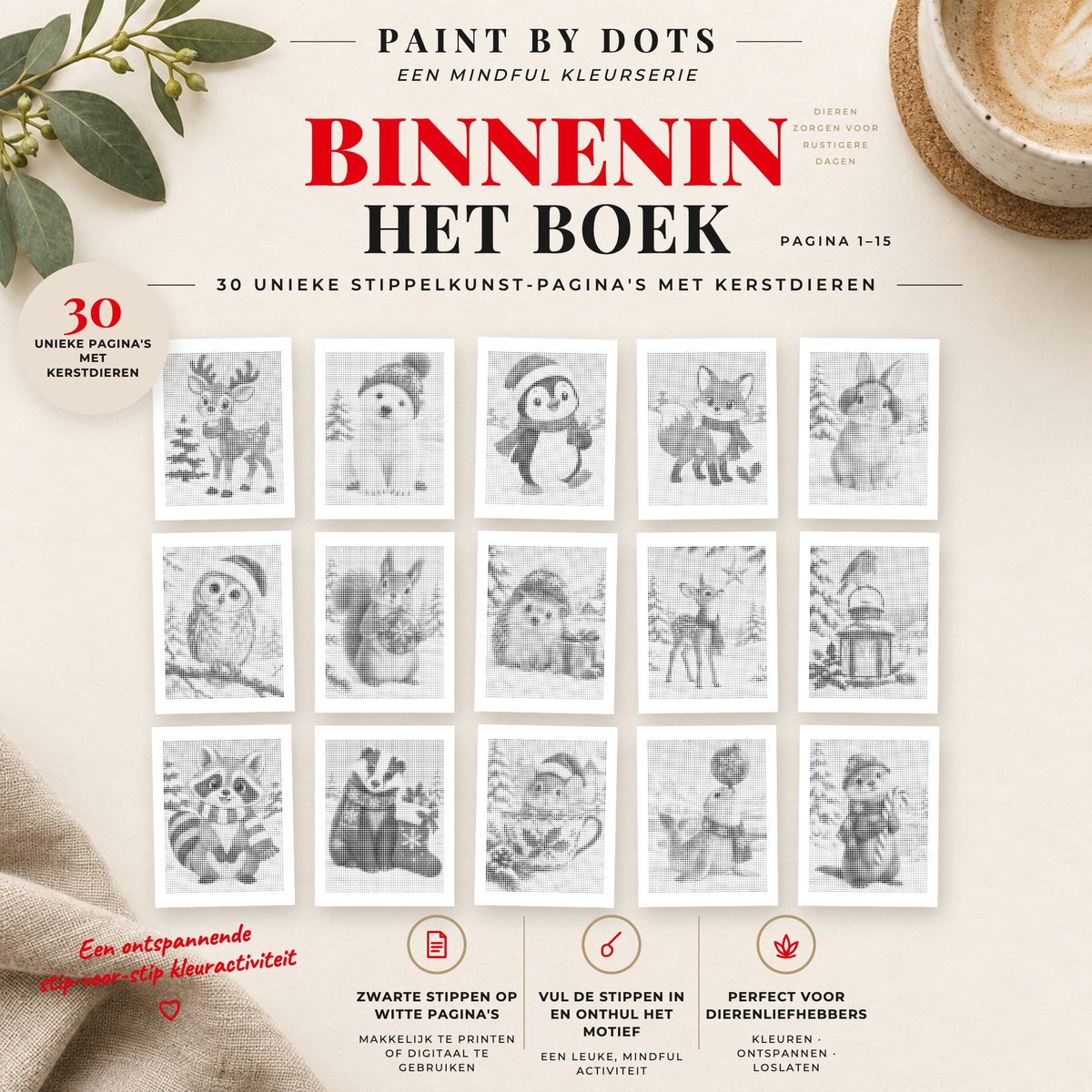 Voorbeelden van printbare Kerstdieren stippelschilderijen, pagina's 1 tot 15