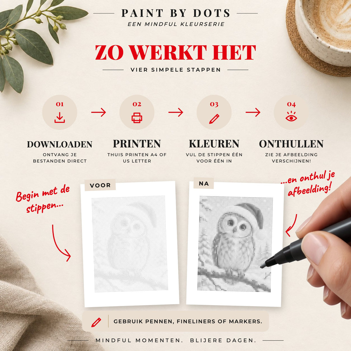 Zo download, print en kleur je de cirkels in het Kerstdieren stippelschilderij boek