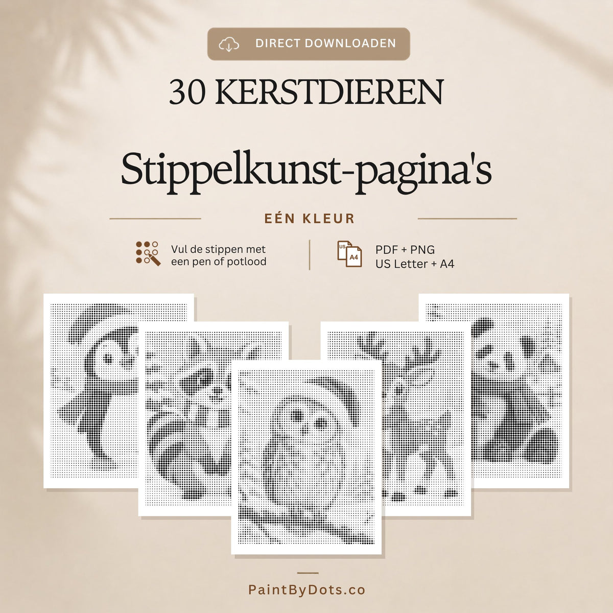 Kerstdieren digitale download met 30 printbare stippelschilderij pagina's (dot painting)