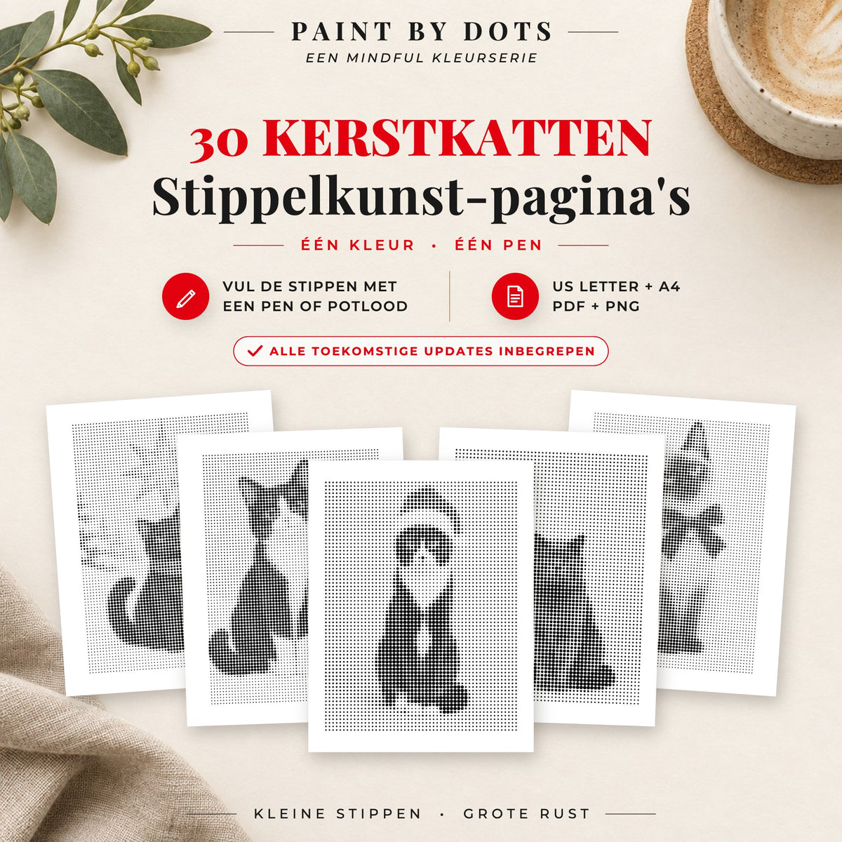 Omslag van het Kerstkatten stippelschilderij boek met 30 printbare kattenontwerpen voor kerst