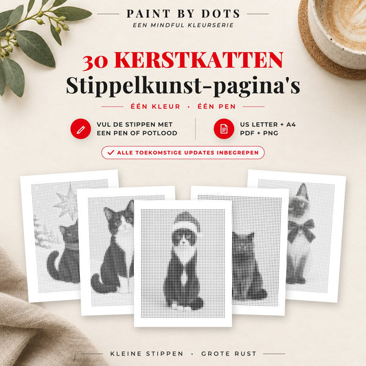 Omslag van het Kerstkatten stippelschilderij boek met 30 printbare kattenontwerpen voor kerst