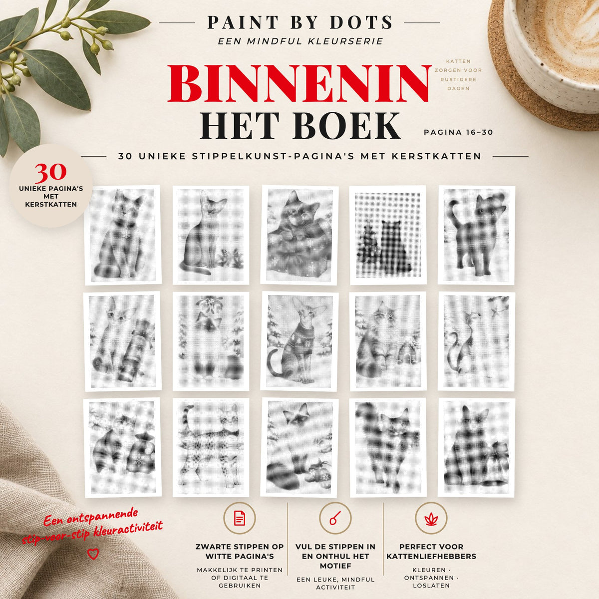 Voorbeelden van printbare Kerstkatten stippelschilderijen, pagina's 16 tot 30