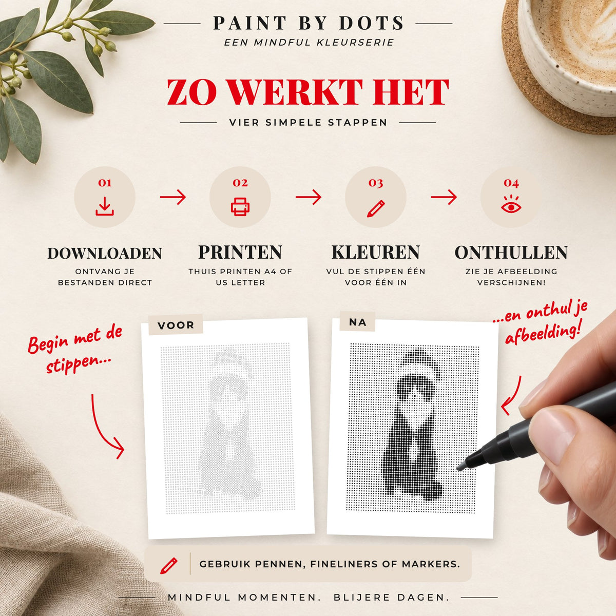 Zo download, print en kleur je de cirkels in het Kerstkatten stippelschilderij boek