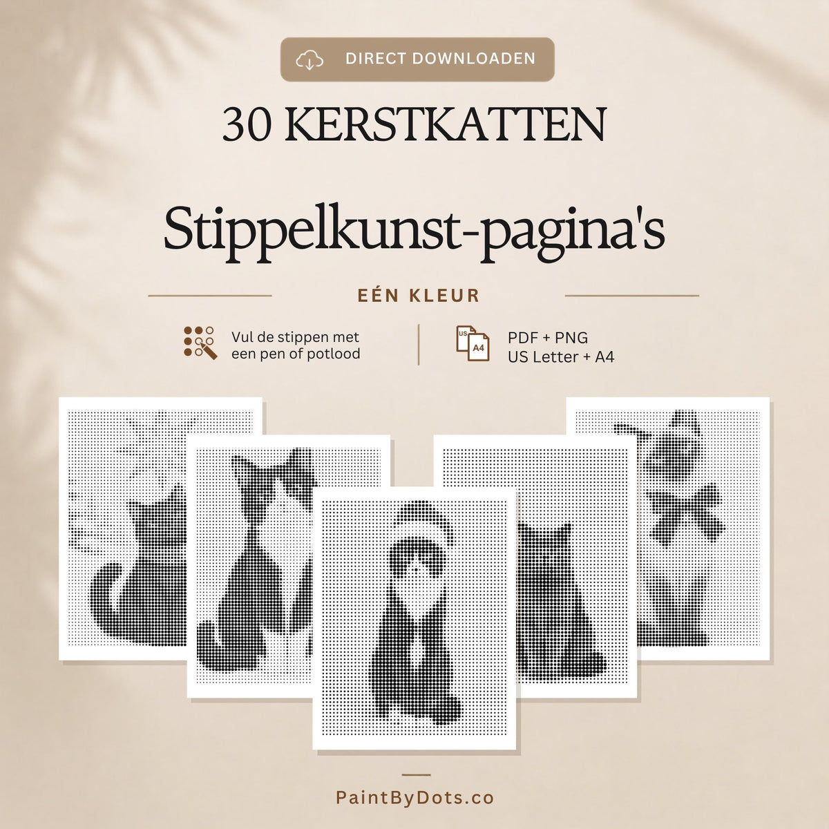 Kerstkatten digitale download met 30 printbare stippelschilderij pagina's (dot painting)