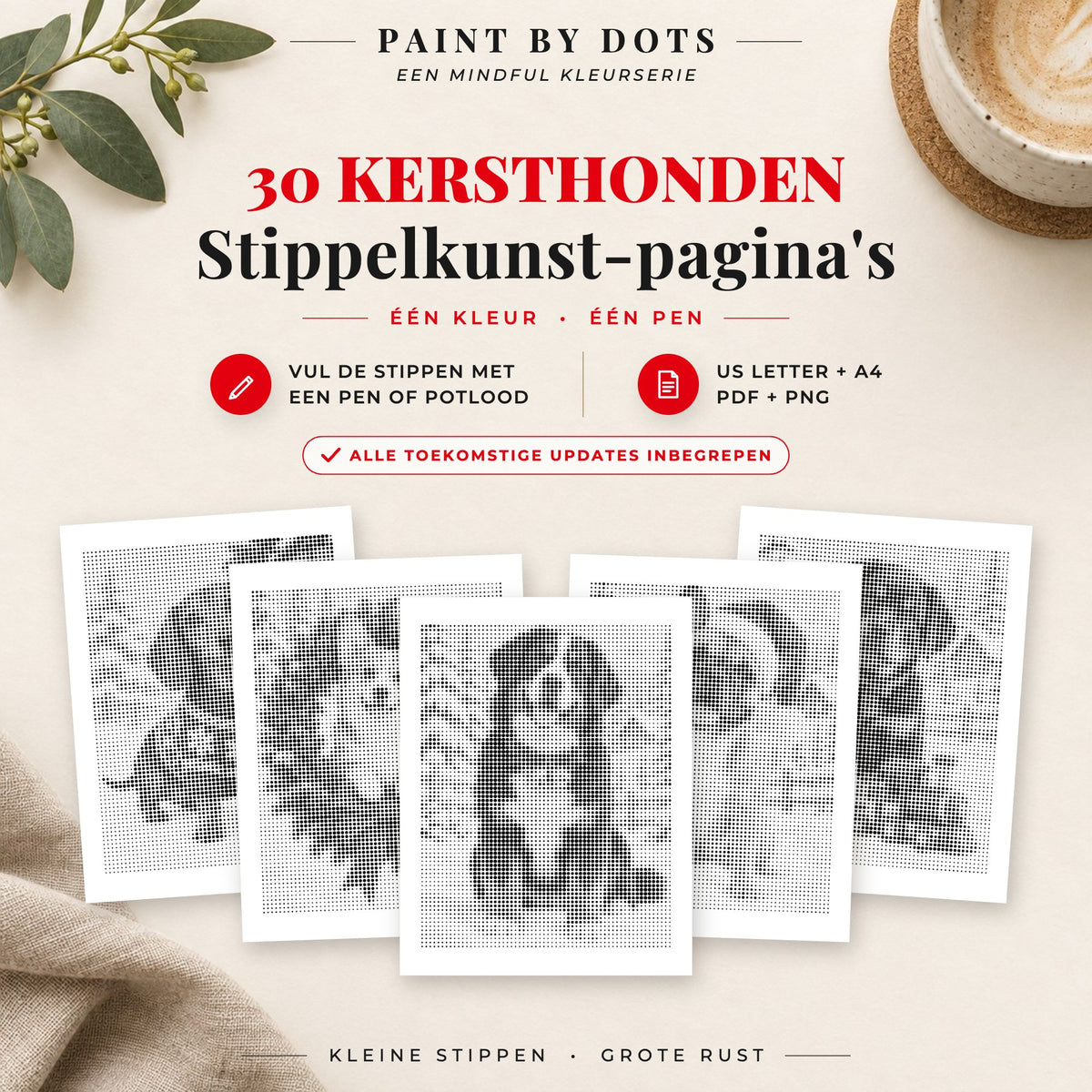 Omslag van het Kersthonden stippelschilderij boek met 30 printbare hondenontwerpen voor kerst