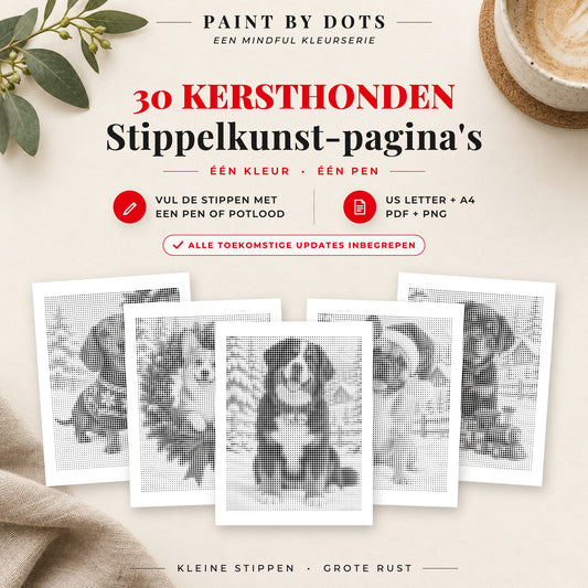 Omslag van het Kersthonden stippelschilderij boek met 30 printbare hondenontwerpen voor kerst