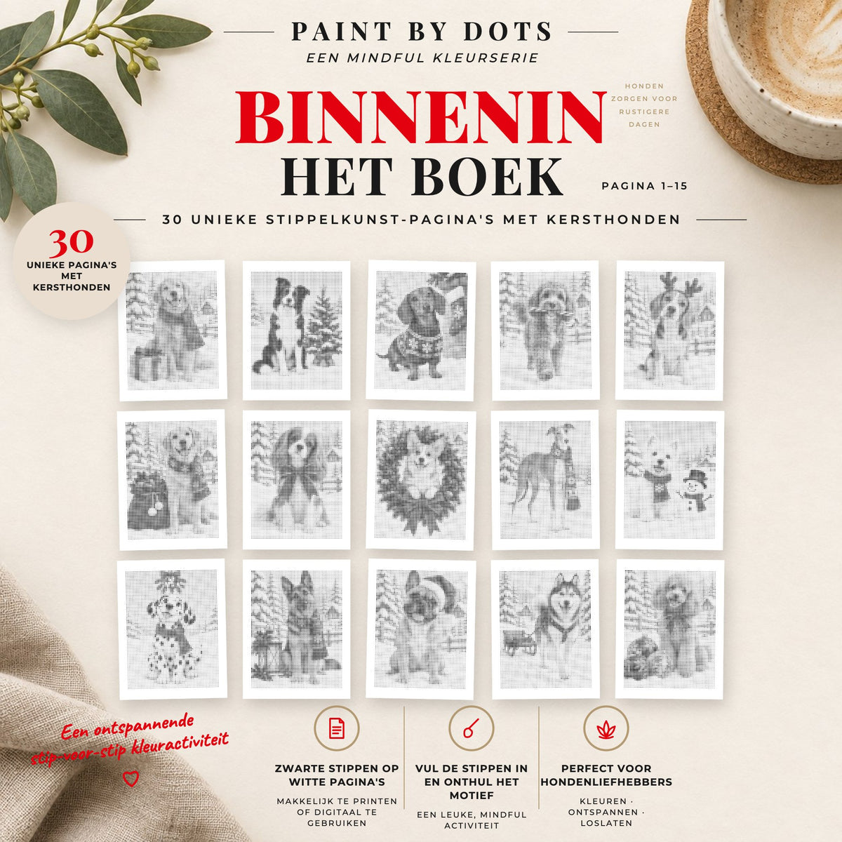 Voorbeelden van printbare Kersthonden stippelschilderijen, pagina's 1 tot 15