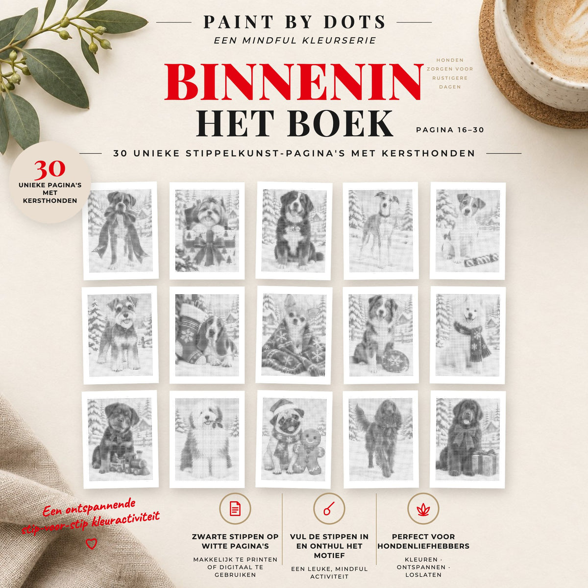 Voorbeelden van printbare Kersthonden stippelschilderijen, pagina's 16 tot 30