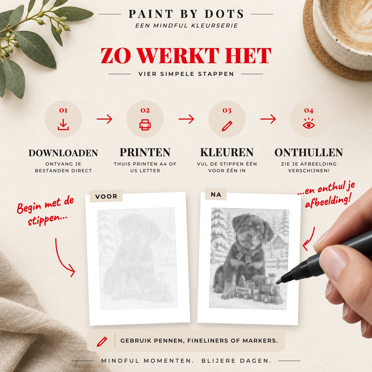 Zo download, print en kleur je de cirkels in het Kersthonden stippelschilderij boek