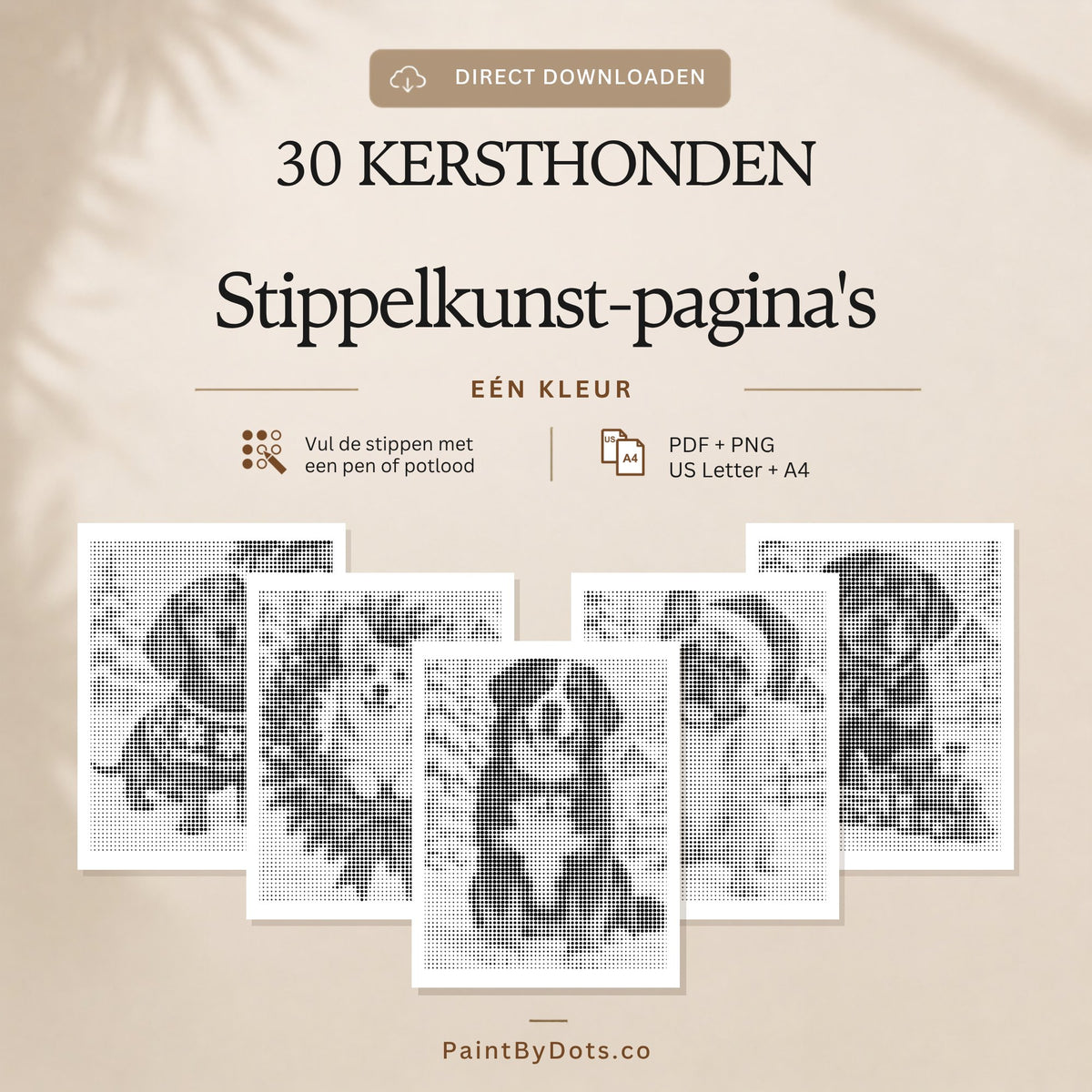 Kersthonden digitale download met 30 printbare stippelschilderij pagina's (dot painting)