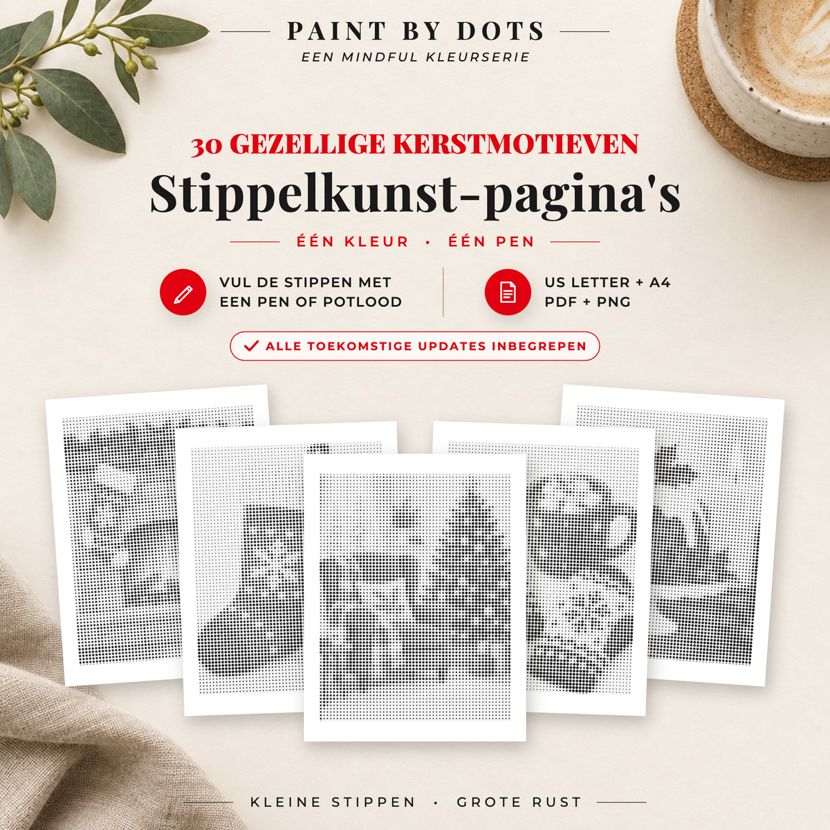 Omslag van het Cosy Christmas stippelschilderij boek met 30 printbare kerstontwerpen